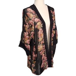 Maurices Boho Floral Print Crochet Lace Trim Sheer Kimono Cover-Up Black Pink L